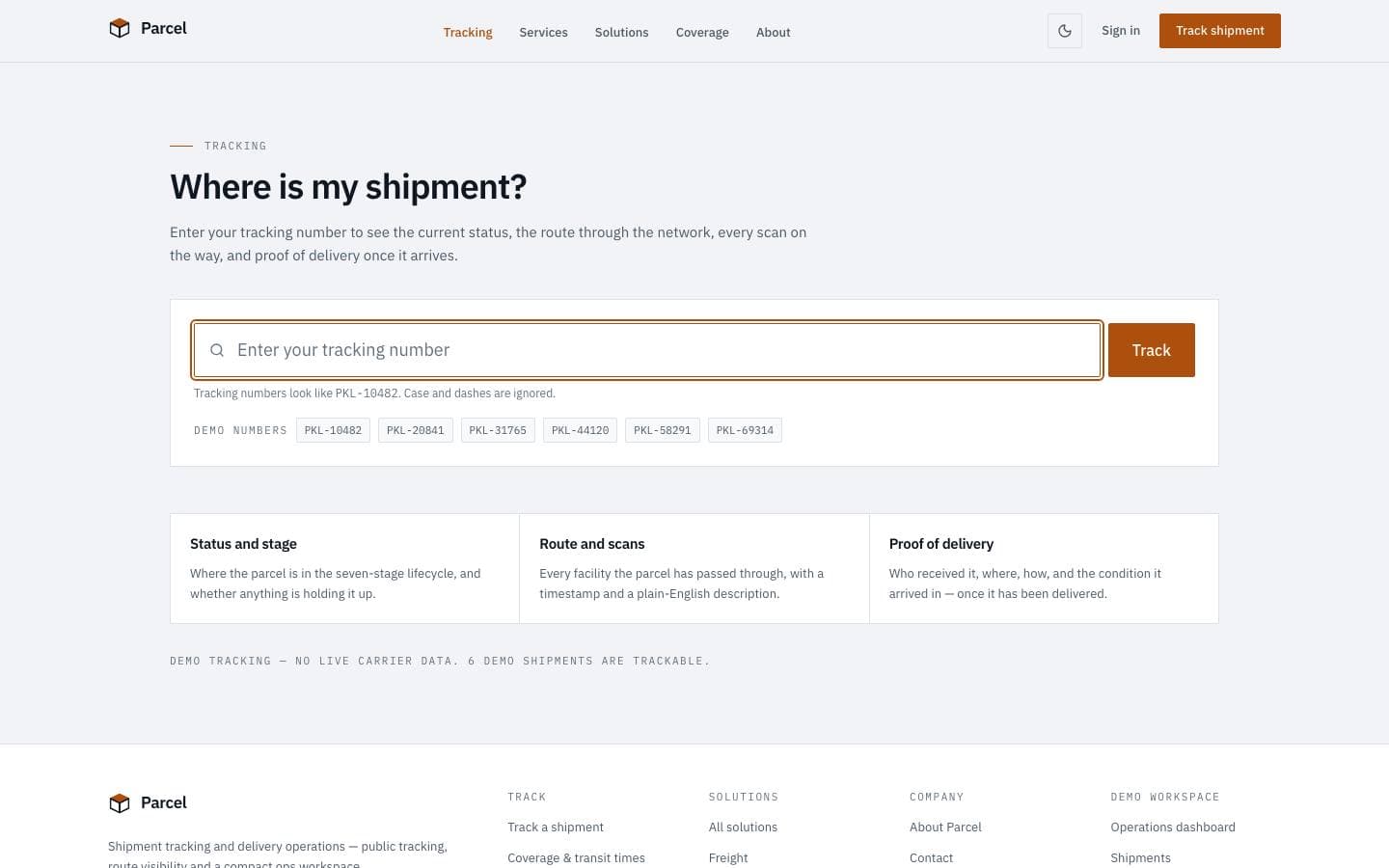 Parcel public tracking view showing a shipment's seven-stage progress